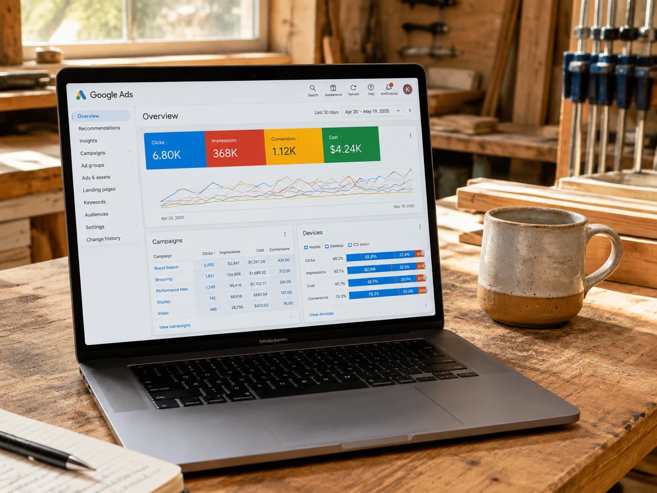 Laptop showing a Google Ads dashboard on a workshop bench