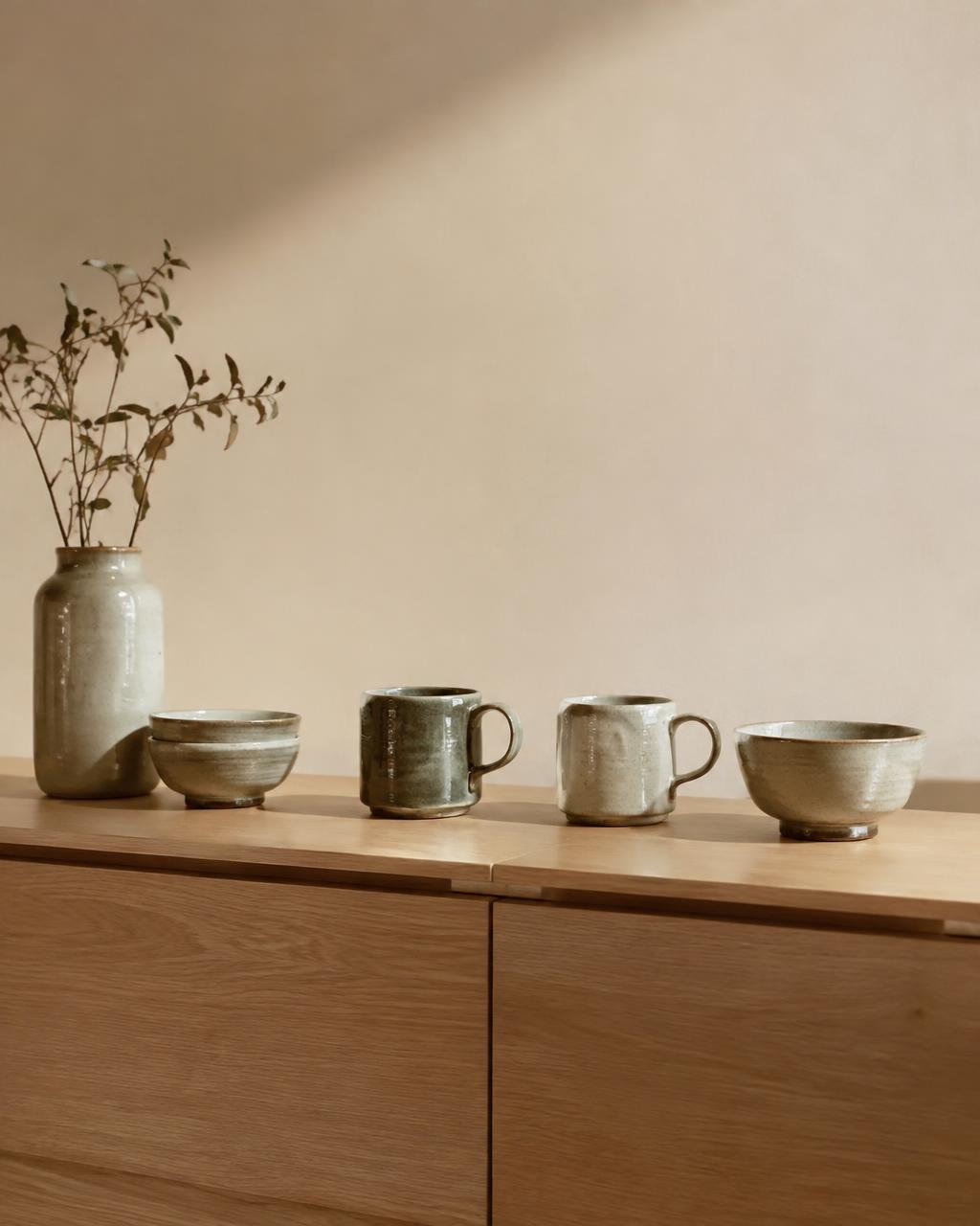 Handmade glazed mugs, bowls and a vase on an oak sideboard