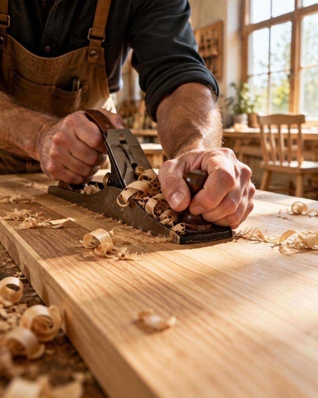 Woodworker planing an oak tabletop in a sunlit workshop