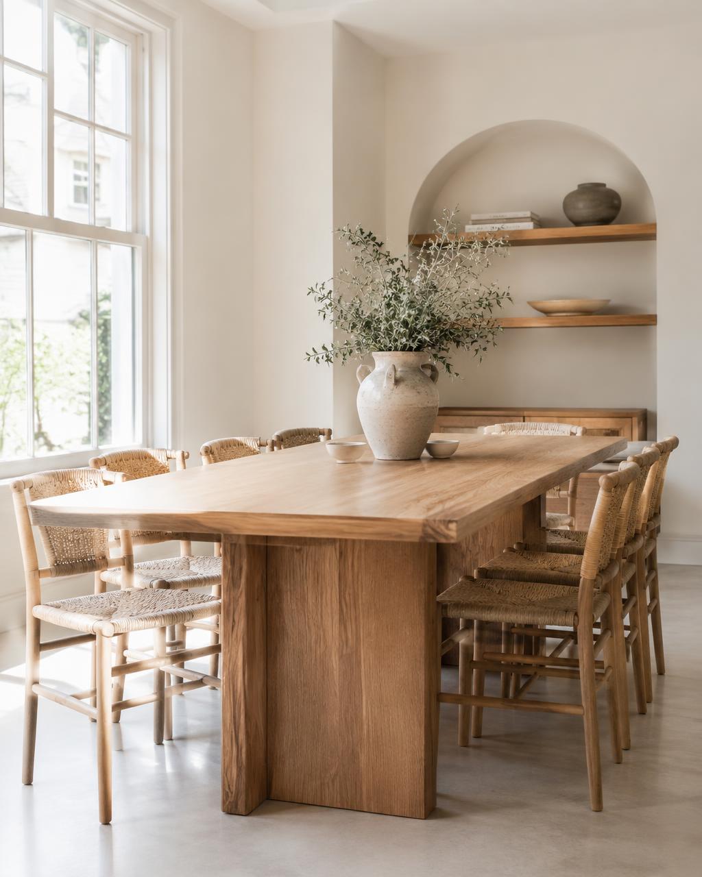 Handcrafted oak dining table with woven chairs and a ceramic vase
