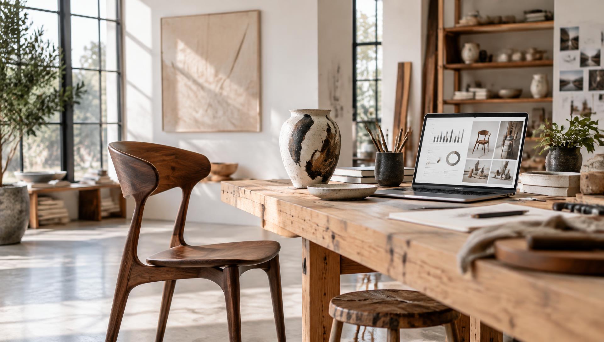 Handcrafted walnut chair, ceramic vase and digital marketing dashboard in a bright maker studio
