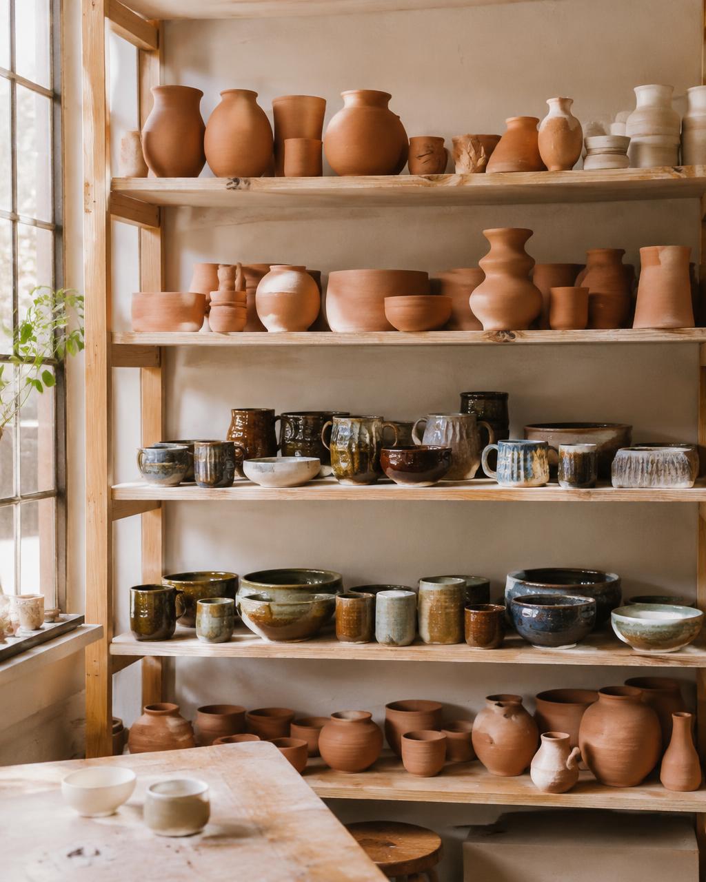 Pottery studio shelves of handmade pots
