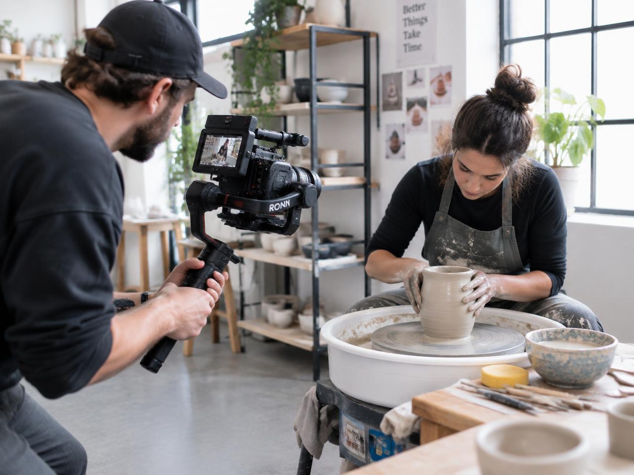 Videographer filming a potter at the wheel for a process video