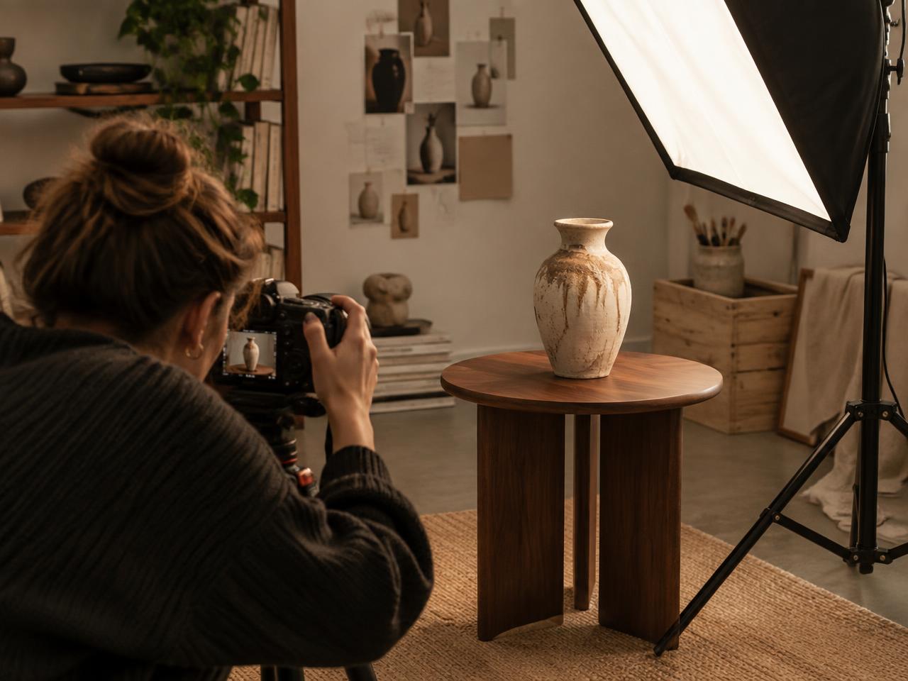 Product photo shoot of a handmade ceramic vase on a walnut table