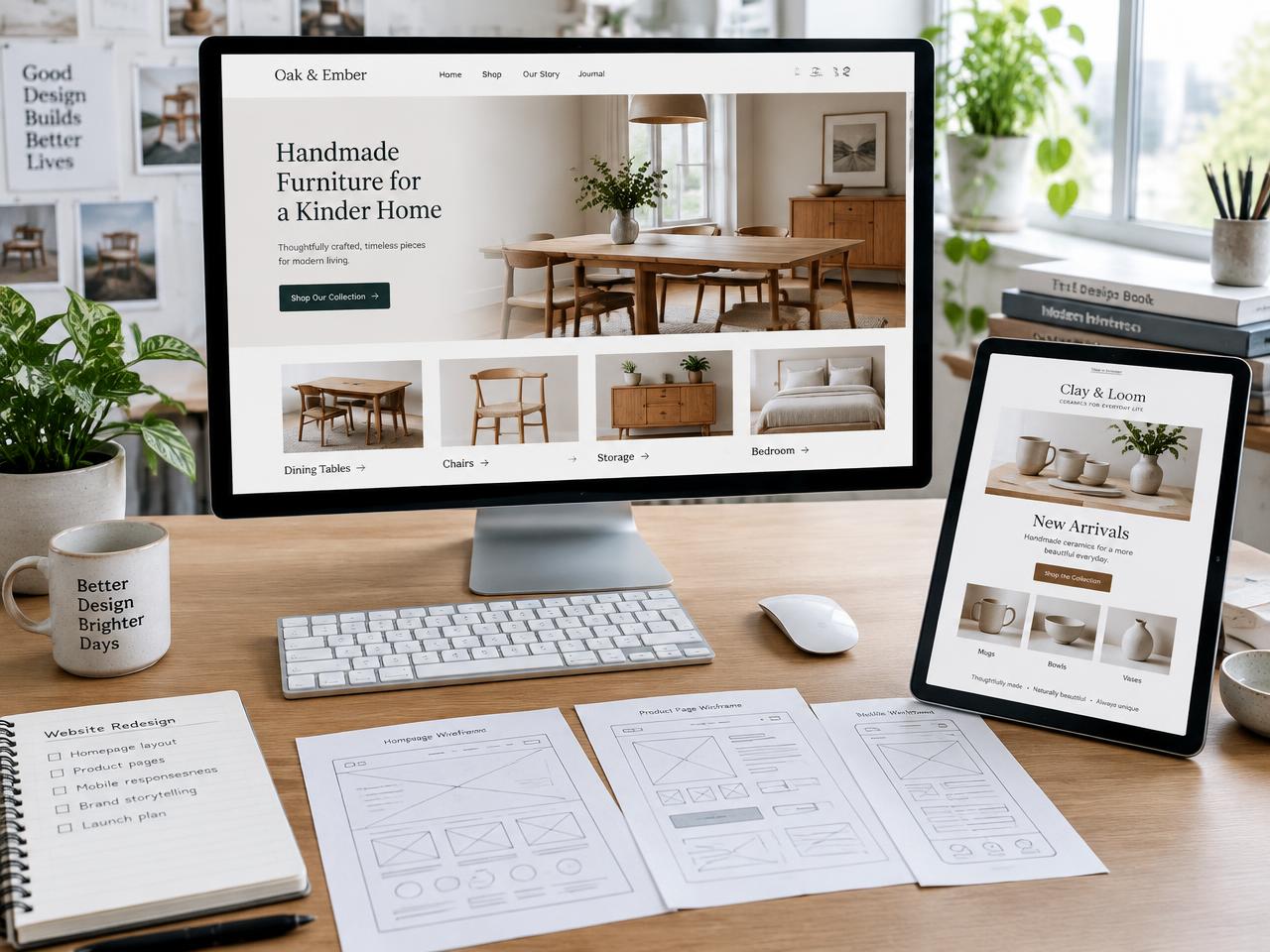 Desk with a monitor showing a handmade furniture website redesign
